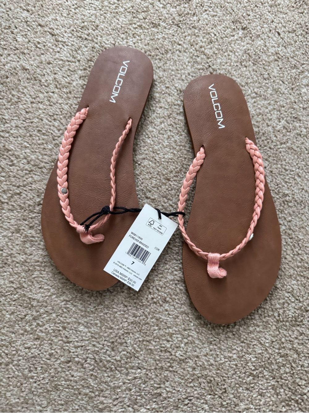 Volcom Women’s Braided Pink-Strap Brown Footbed Sandals
